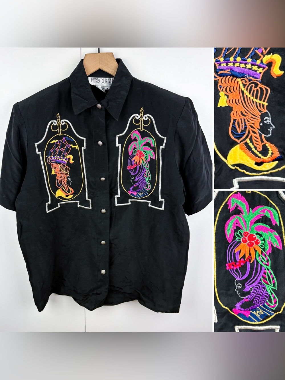 Vintage 100% Silk Embroidered Showgirl Tropical Victorian Women Blouse Black